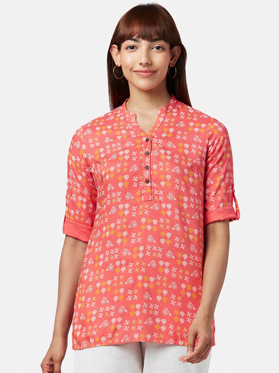 

AKKRITI BY PANTALOONS Pink Mandarin Collar Printed Tunic