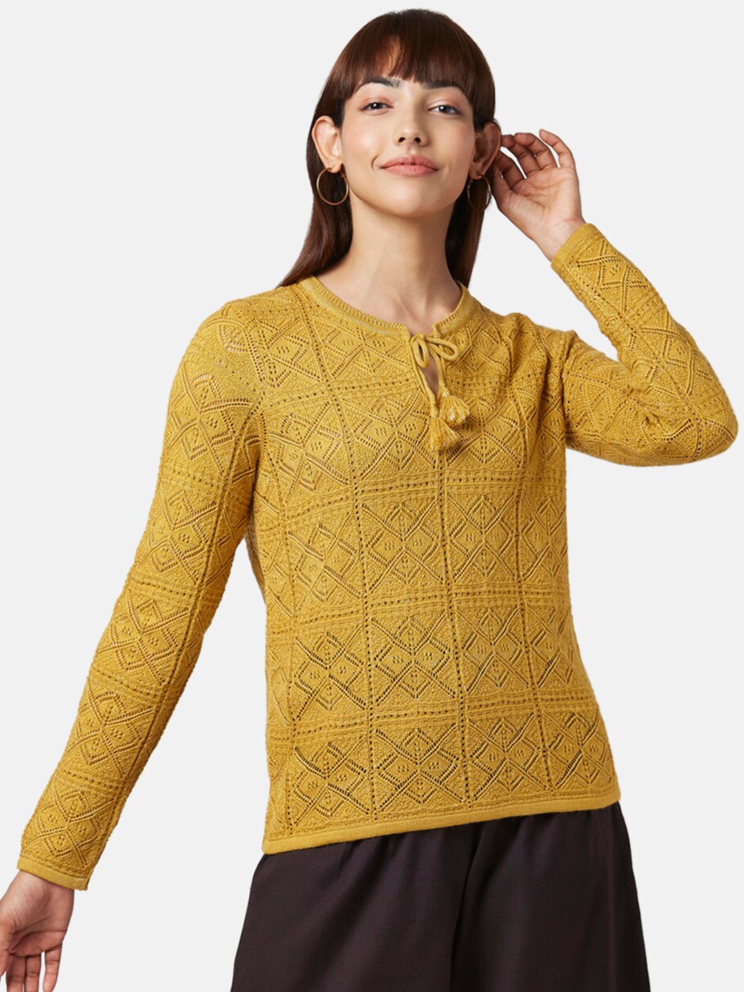 

AKKRITI BY PANTALOONS Women Mustard Yellow Tie-Up Neck Top