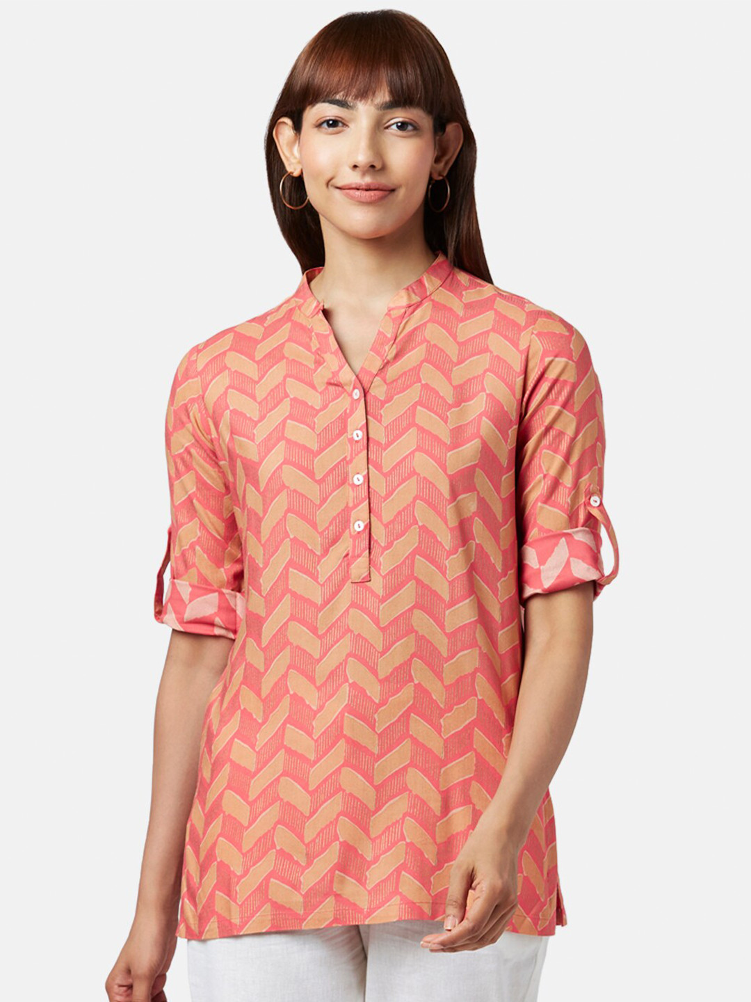 

AKKRITI BY PANTALOONS Coral & Yellow Mandarin Collar Printed Tunic