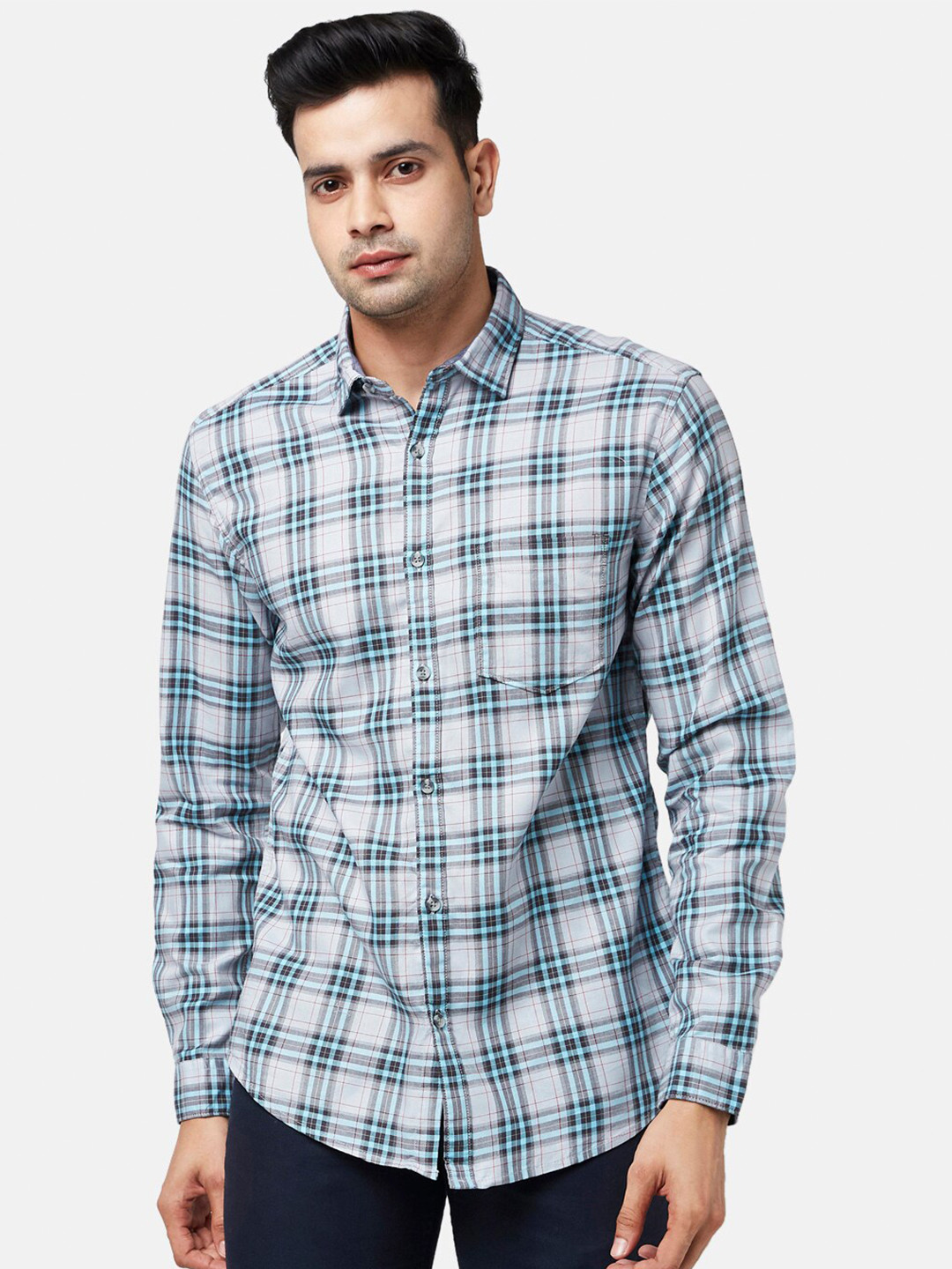 

BYFORD by Pantaloons Men Blue Cotton Slim Fit Tartan Checks Casual Shirt