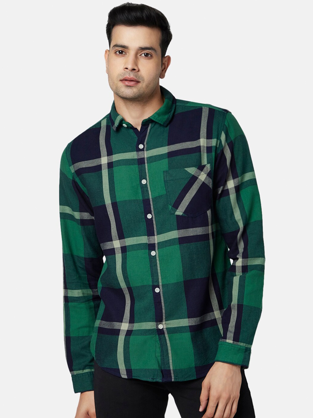 

SF JEANS by Pantaloons Men Green Slim Fit Checked Casual Shirt