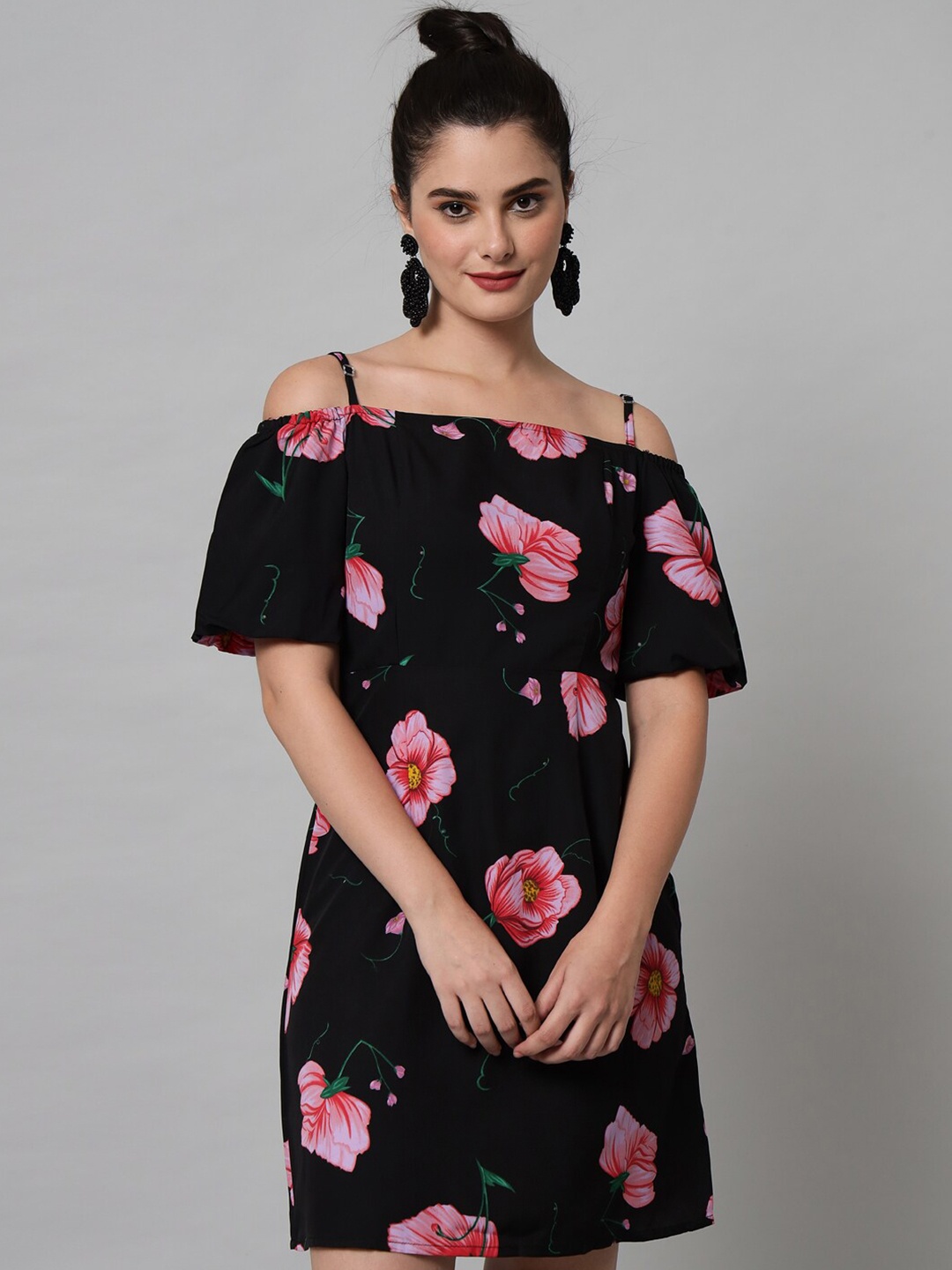 

emeros Women Black Floral Off-Shoulder Crepe A-Line Dress