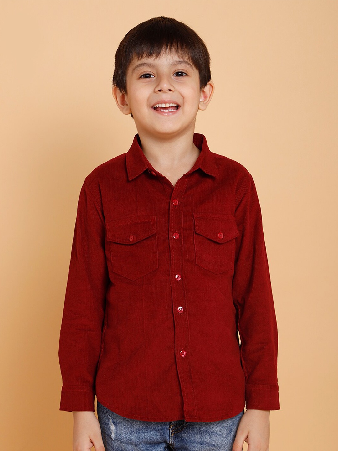 

PICCOLO Boys Maroon Solid Corduroy Casual Shirt