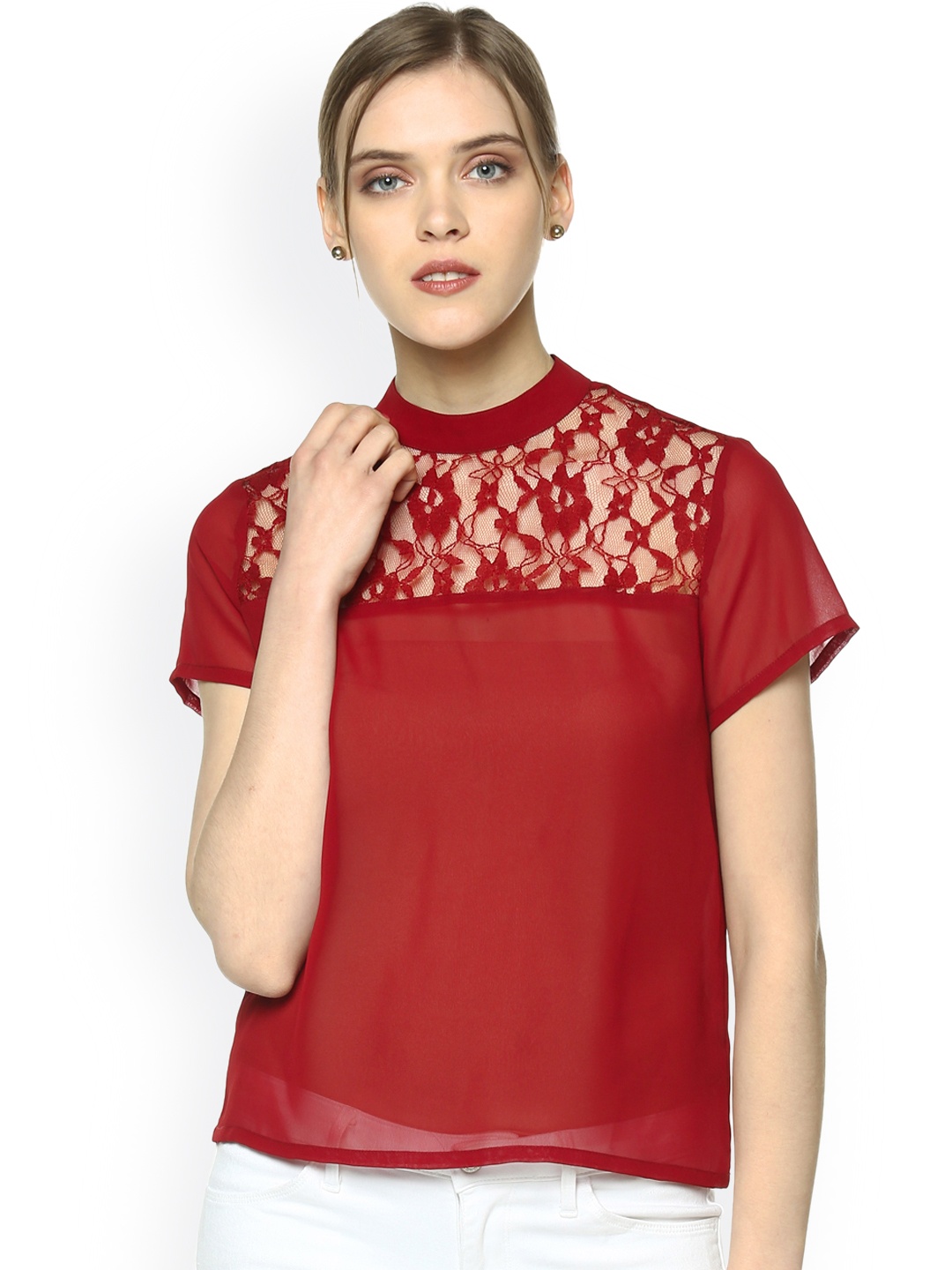 

Besiva Women Maroon Solid Top with Lace Detail