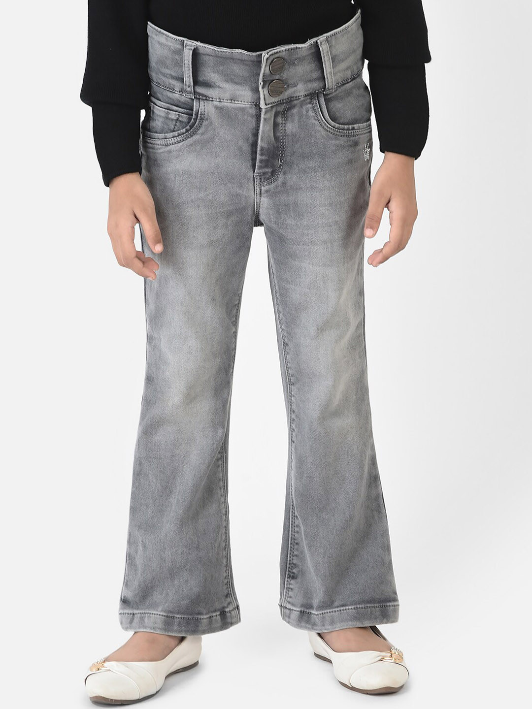 

Crimsoune Club Girls Grey Classic Flared Low Distress Heavy Fade Jeans