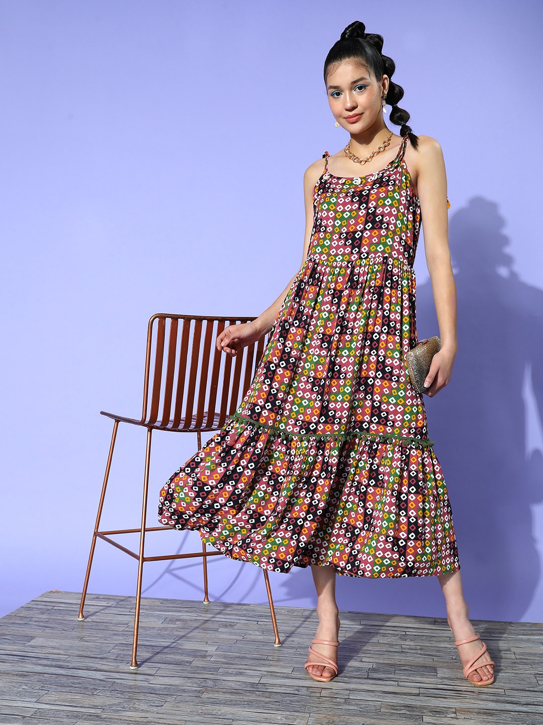 

Sangria Ruby Red Geometric Printed Tiered Tales Ethnic Dress, Green