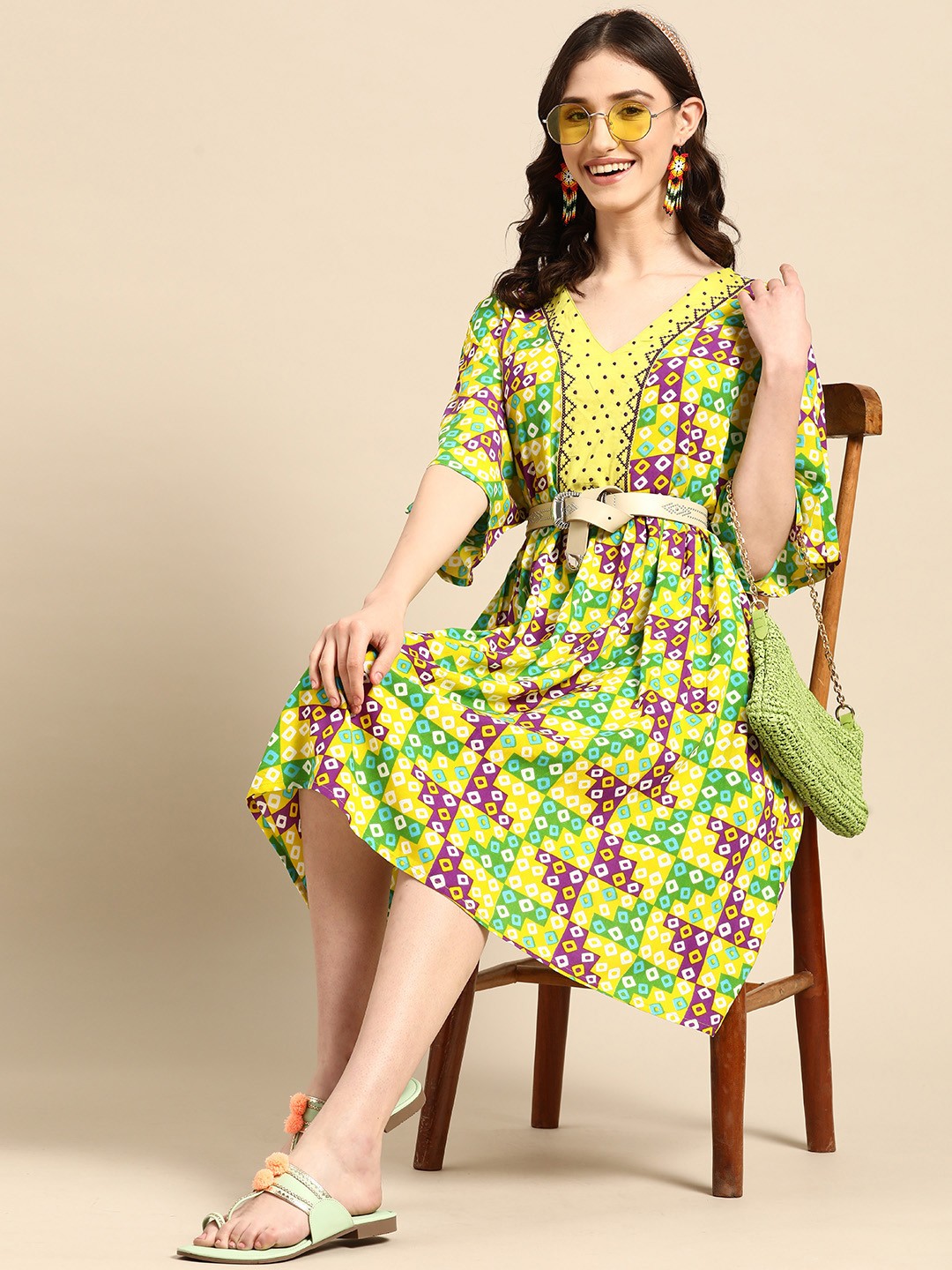 

Sangria Bandhani Print Fit & Flare Dress, Yellow