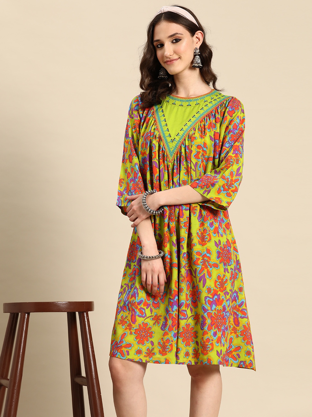 

Sangria Abstract Printed A-Line Ethnic Dress, Mustard