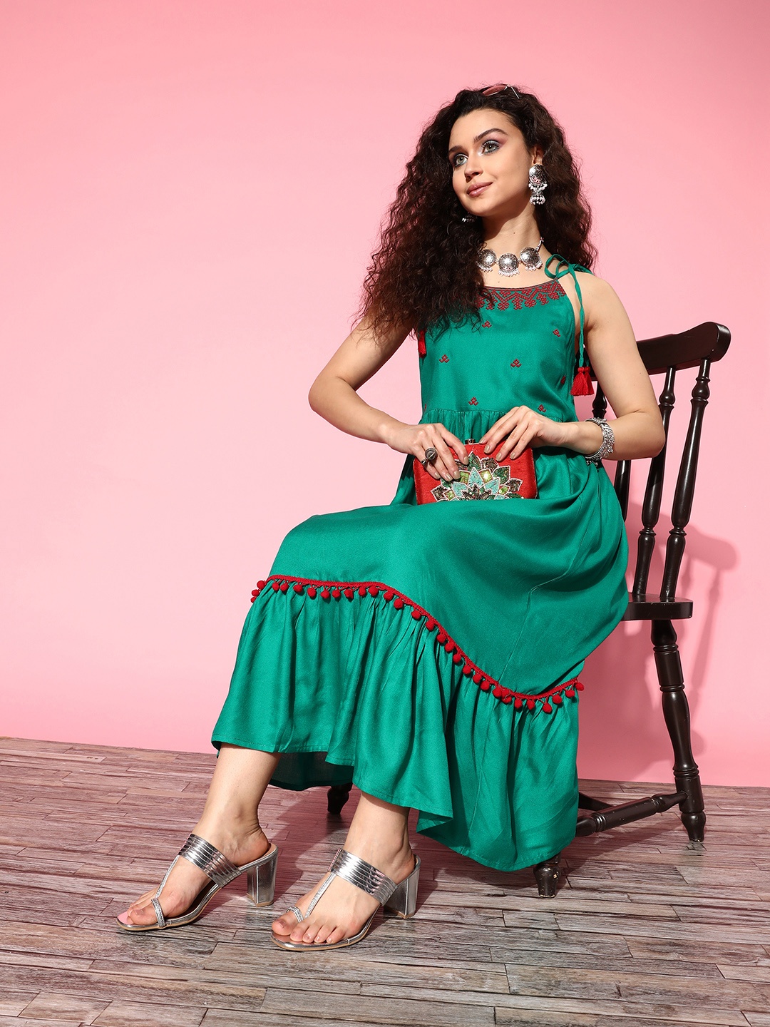 

Sangria Earthy Green Embroidered Pom-Pom Detail Tiered Tale Ethnic Dress