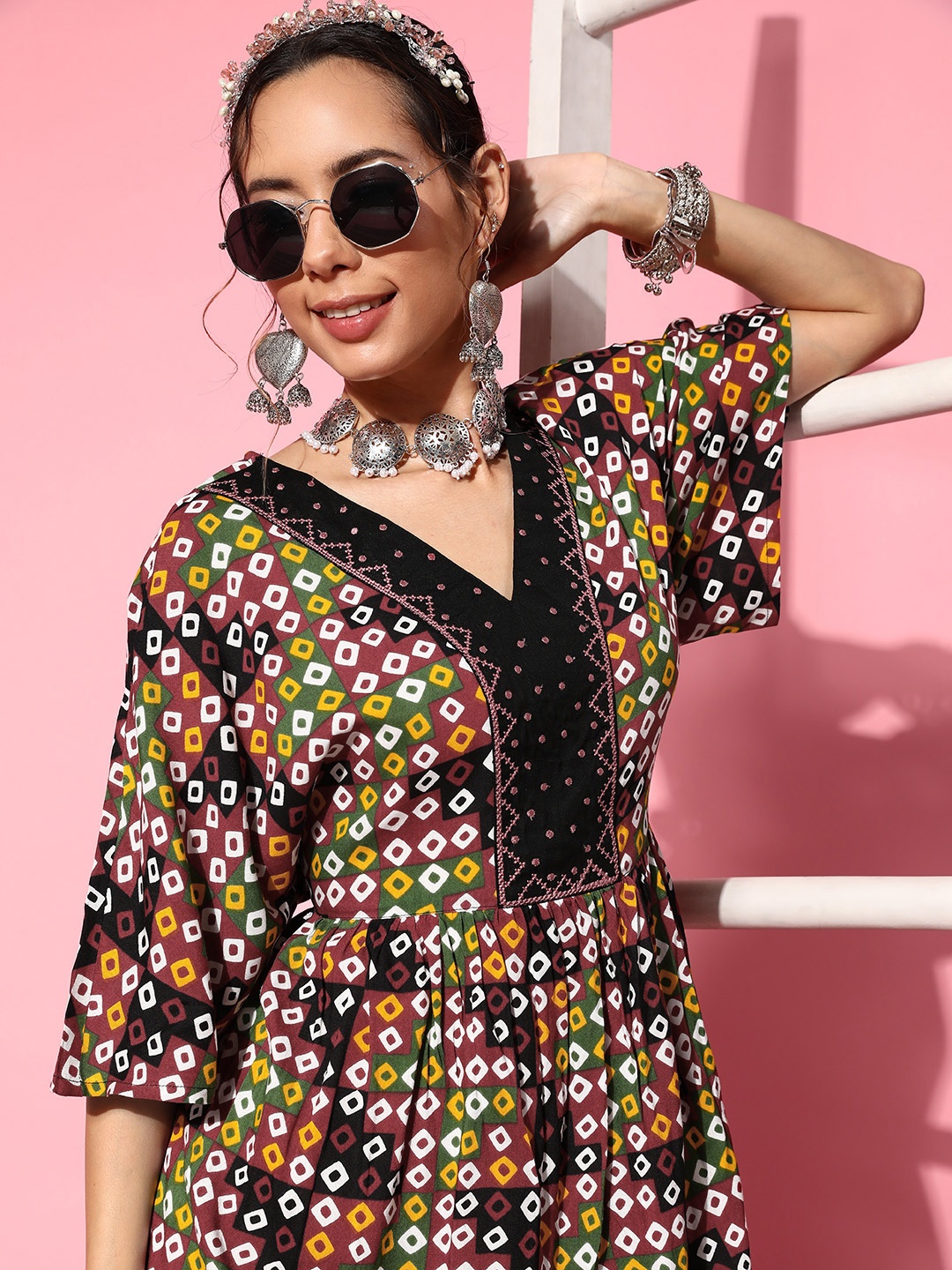 

Sangria Bright Multicoloured Bandhani Print A-Line Ethnic Dress, Multi