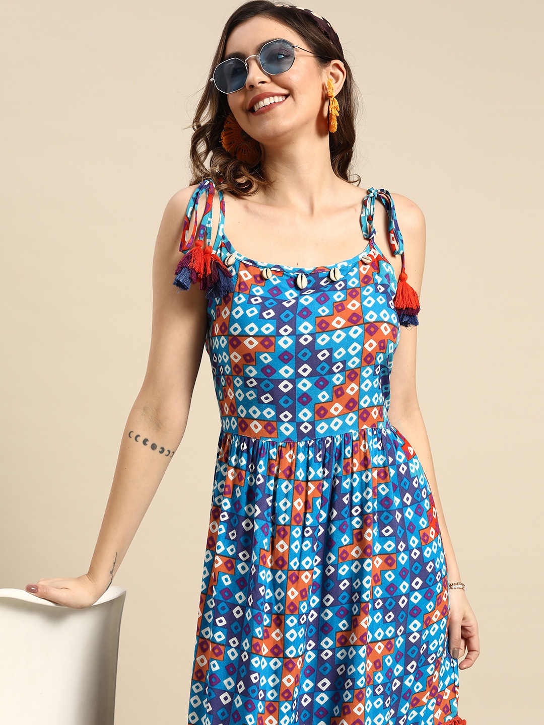 

Sangria Bandhani Printed Tiered Midi Dress, Blue