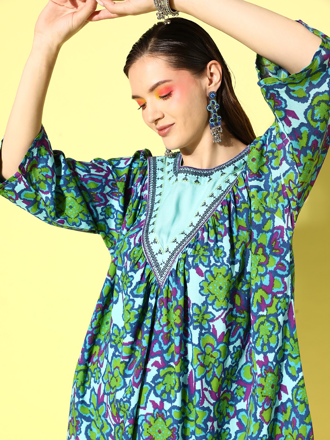 

Sangria Ocean Blue & Green Printed Short It Is A-Line Ethnic Dress