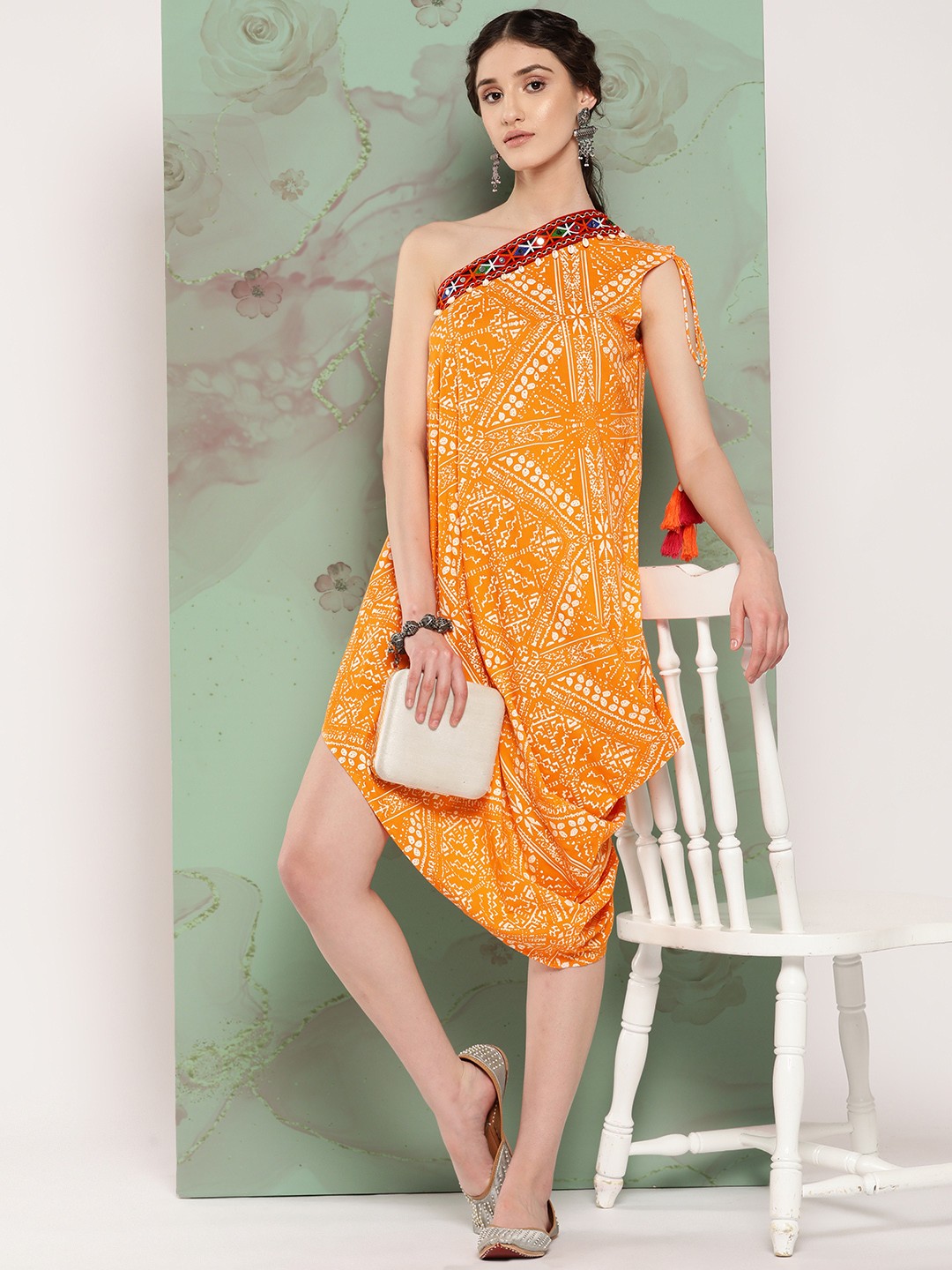 

Sangria One-Shoulder Embroidered Asymmetric Ethnic Dress, Orange