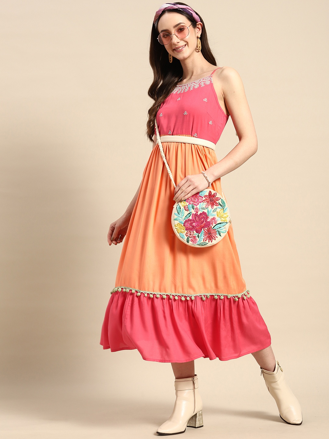 

Sangria Embroidered Pom-Pom Detail Tassel Tie Up Shoulder Straps Ethnic Dress, Pink