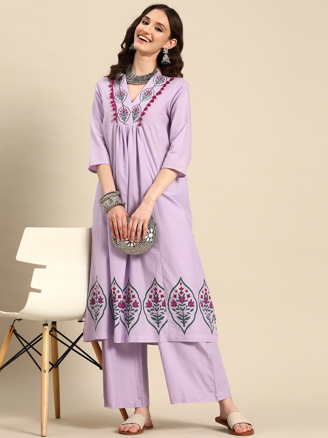 

Sangria Women Printed Detail Gathered Pure Cotton Panelled A-Line Kurta with Palazzos, Lavender