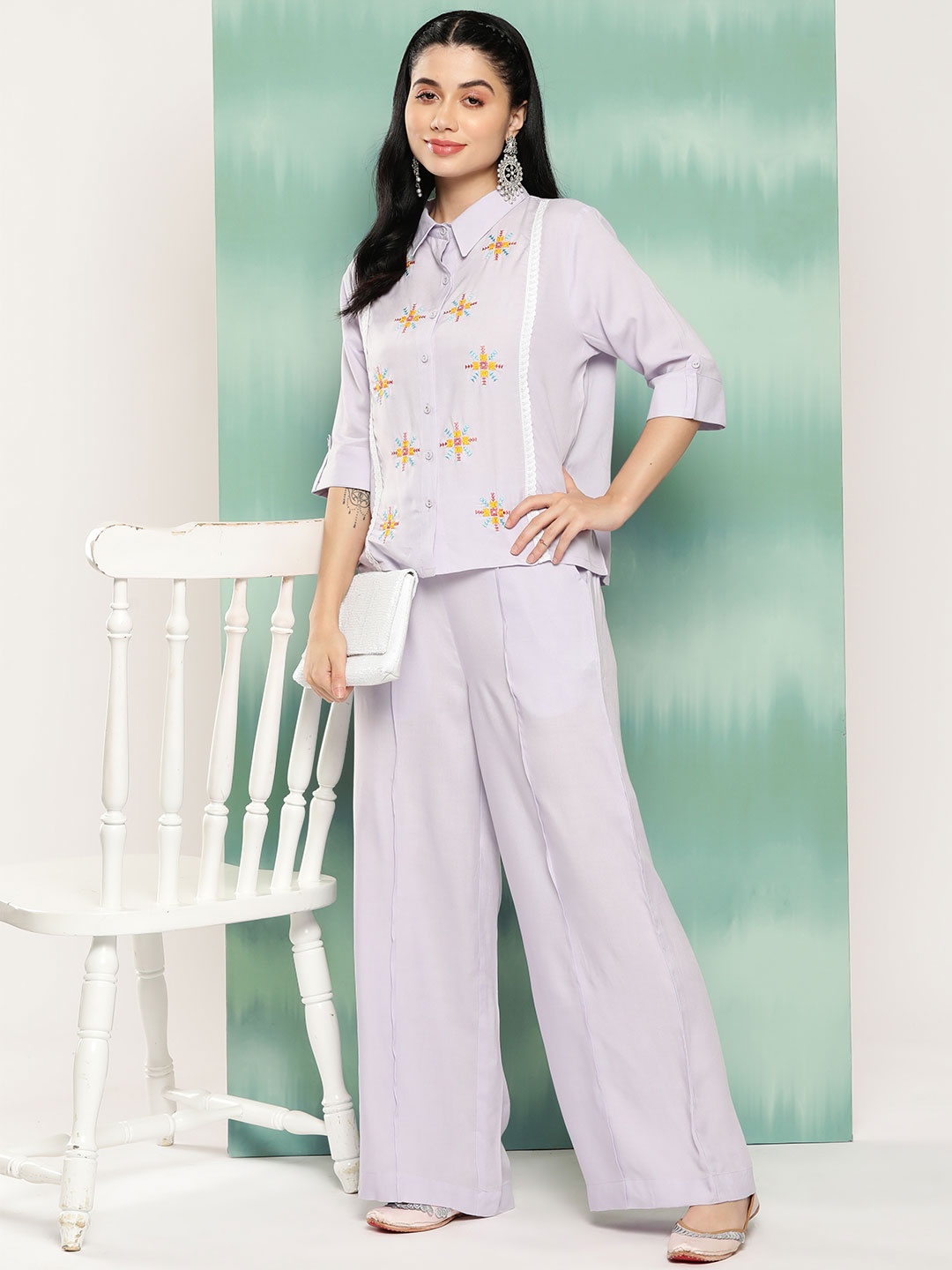 

Sangria Embroidered Lace Inserted Co-Ords, Lavender
