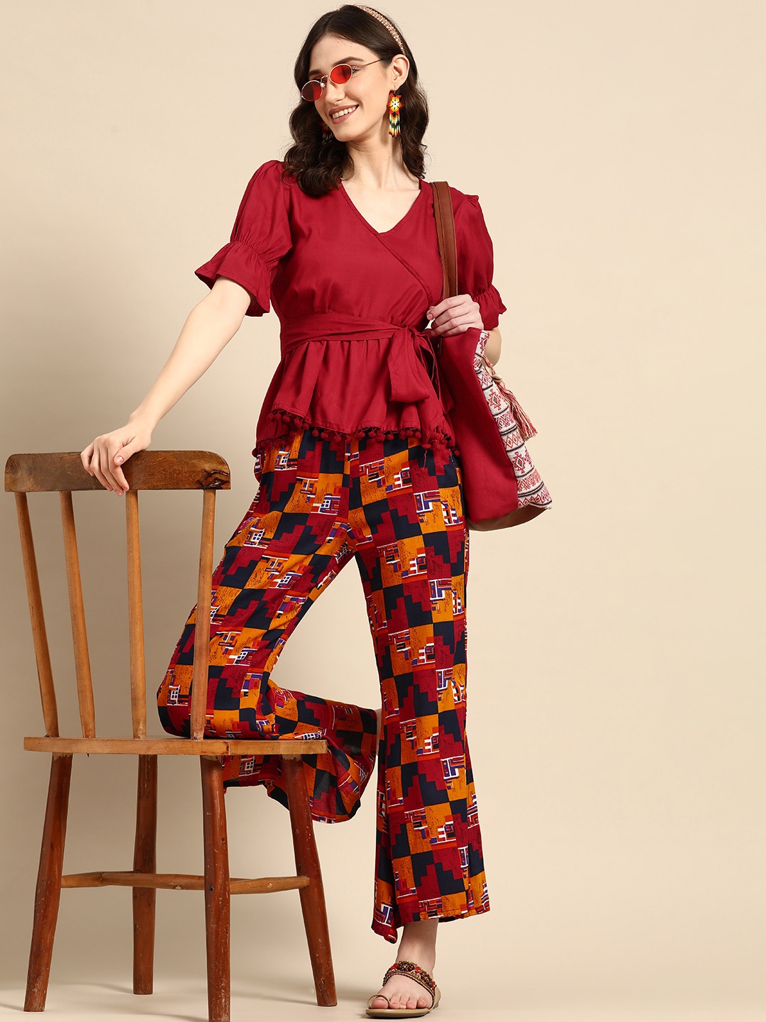 

Sangria Women Solid Wrap Ethnic Co-Ords, Red