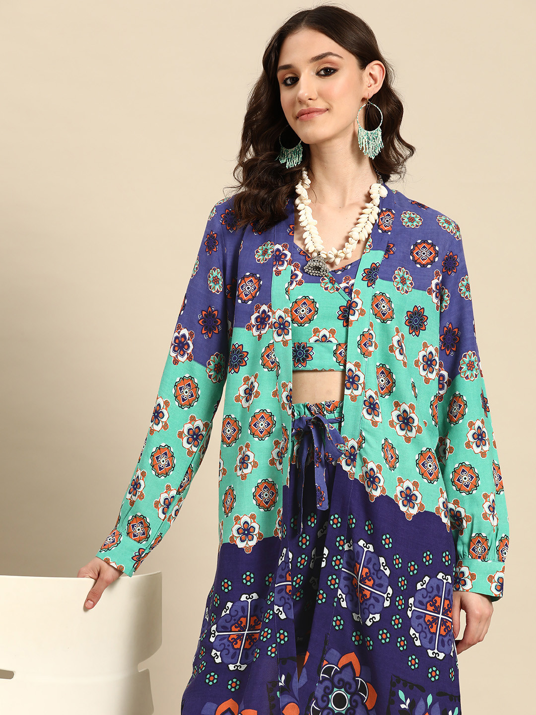 

Sangria Women Printed Co-ords with Longline Jacket, Blue
