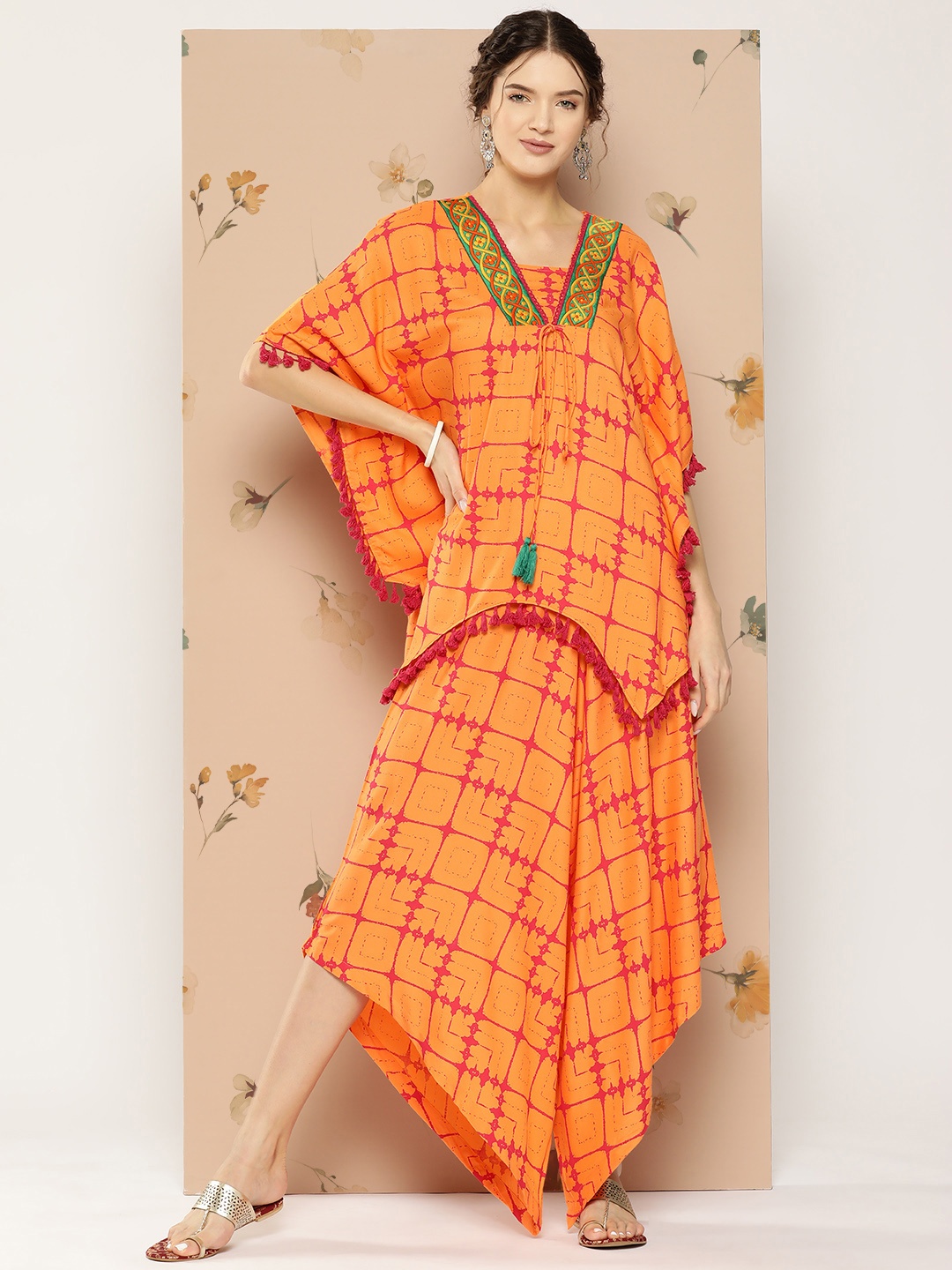 

Sangria Embroidered Tassel Detailed Asymmetric Hem Checked Co-Ords, Orange