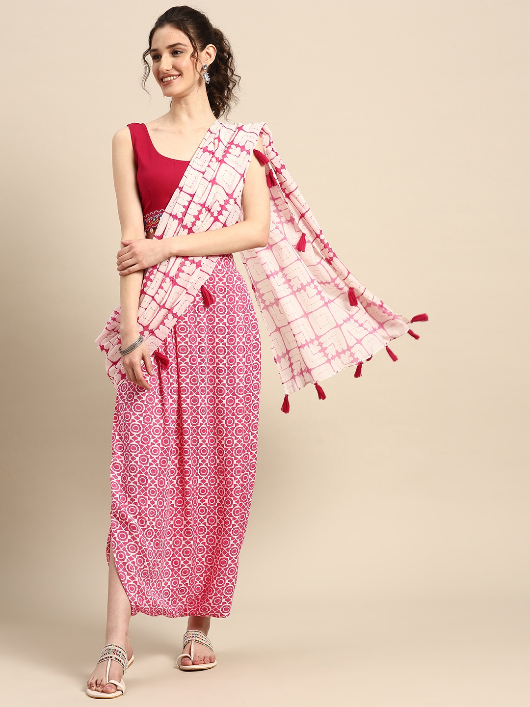 

Sangria Embroidered Detail Geometric Print Co-Ords With Attached Dupatta, Pink