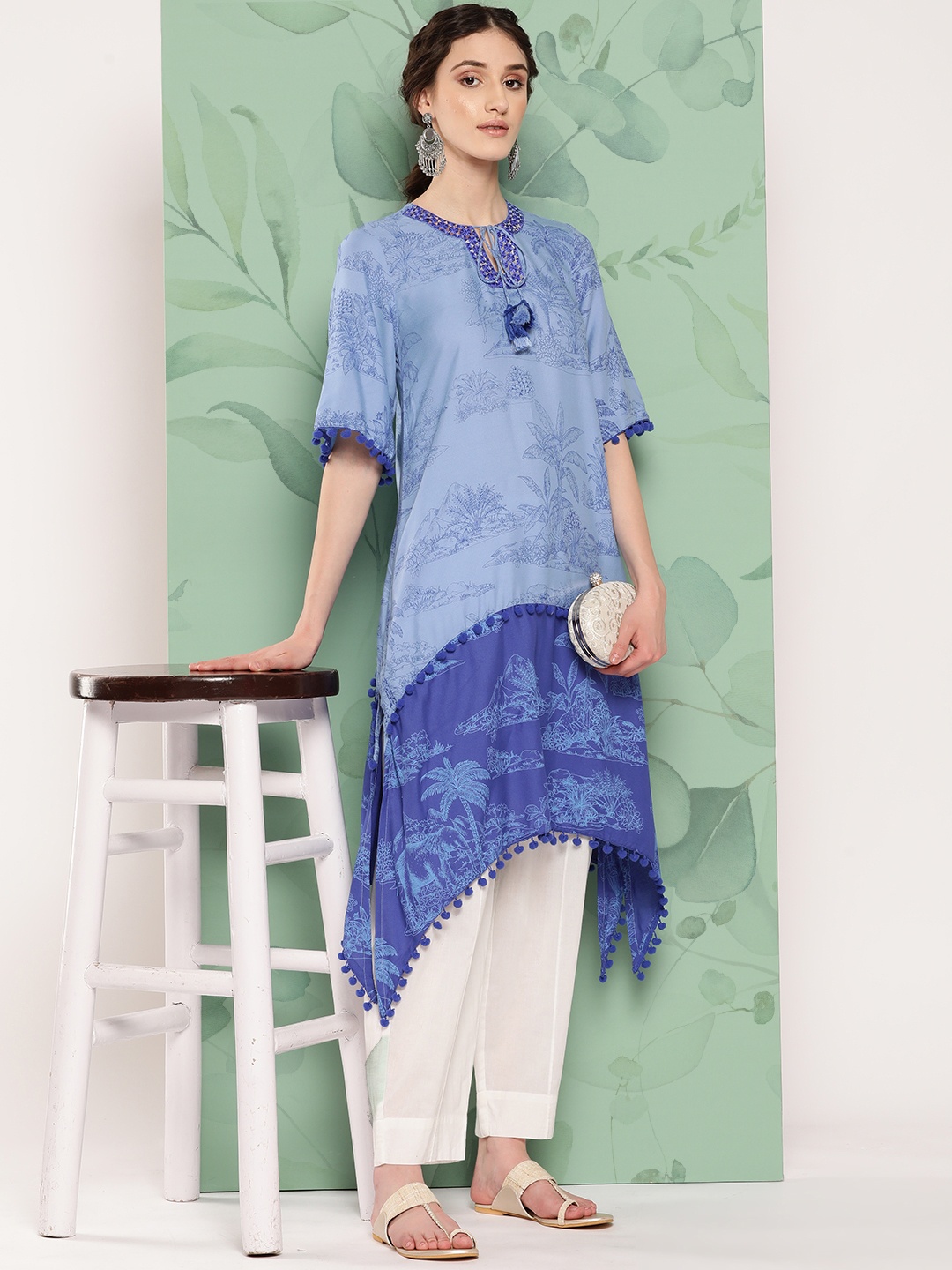 

Sangria Tropical Printed Mirror Work Detailed Dipped Hem A-Line Kurta, Blue
