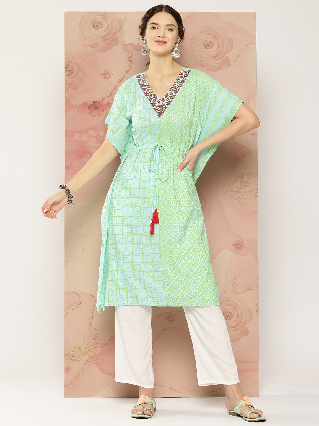 

Sangria Pastel Green Naazo Se Pali Printed Flared Sleeves Thread Work Kaftan Kurta, Blue