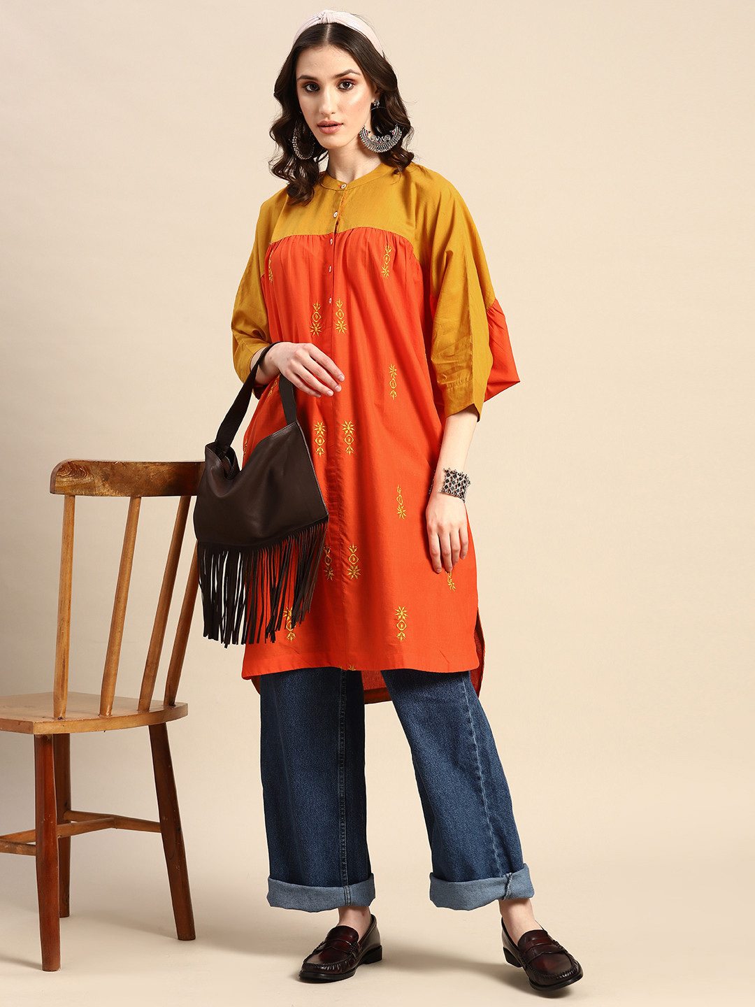 

Sangria Ethnic Motifs Embroidered Batwing Sleeves Pure Cotton Kurta, Mustard