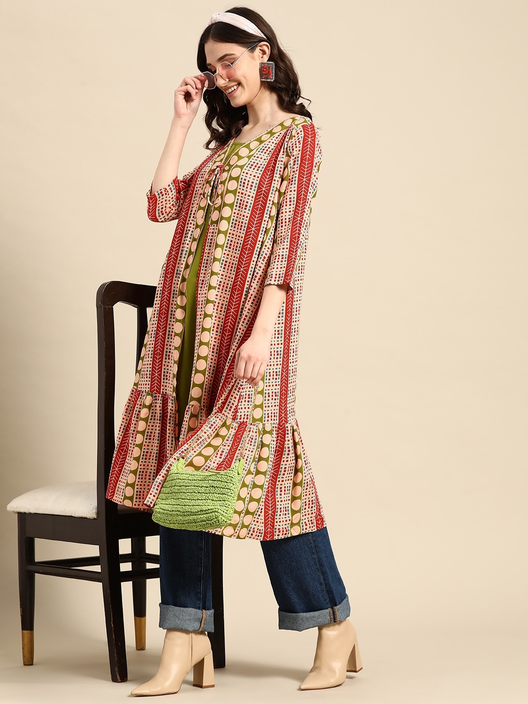 

Sangria Layered Geometric Printed Kurta, Beige
