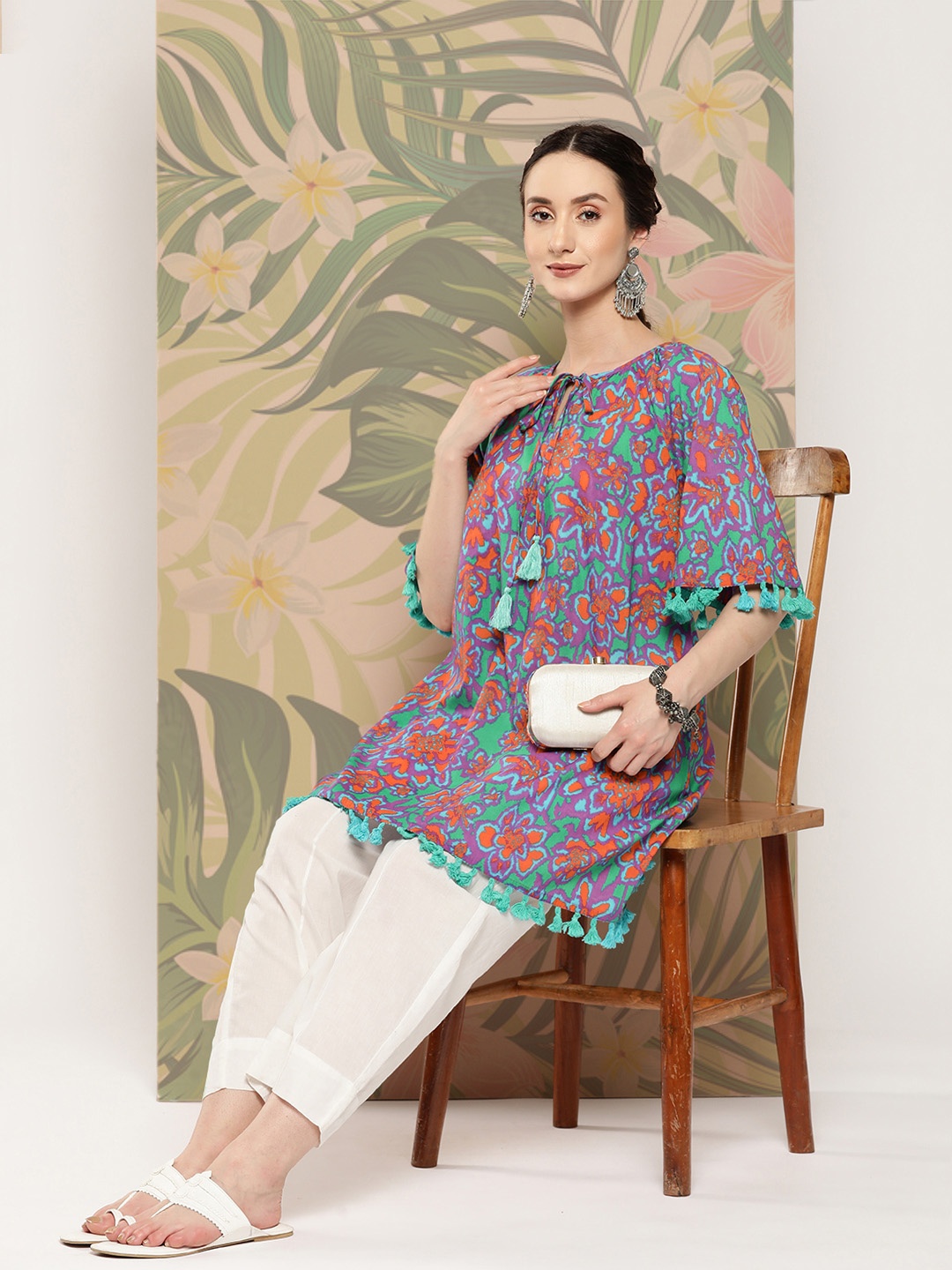 

Sangria Cotton Abstract Print Tie-Up Neck Fringed Longline Top, Purple