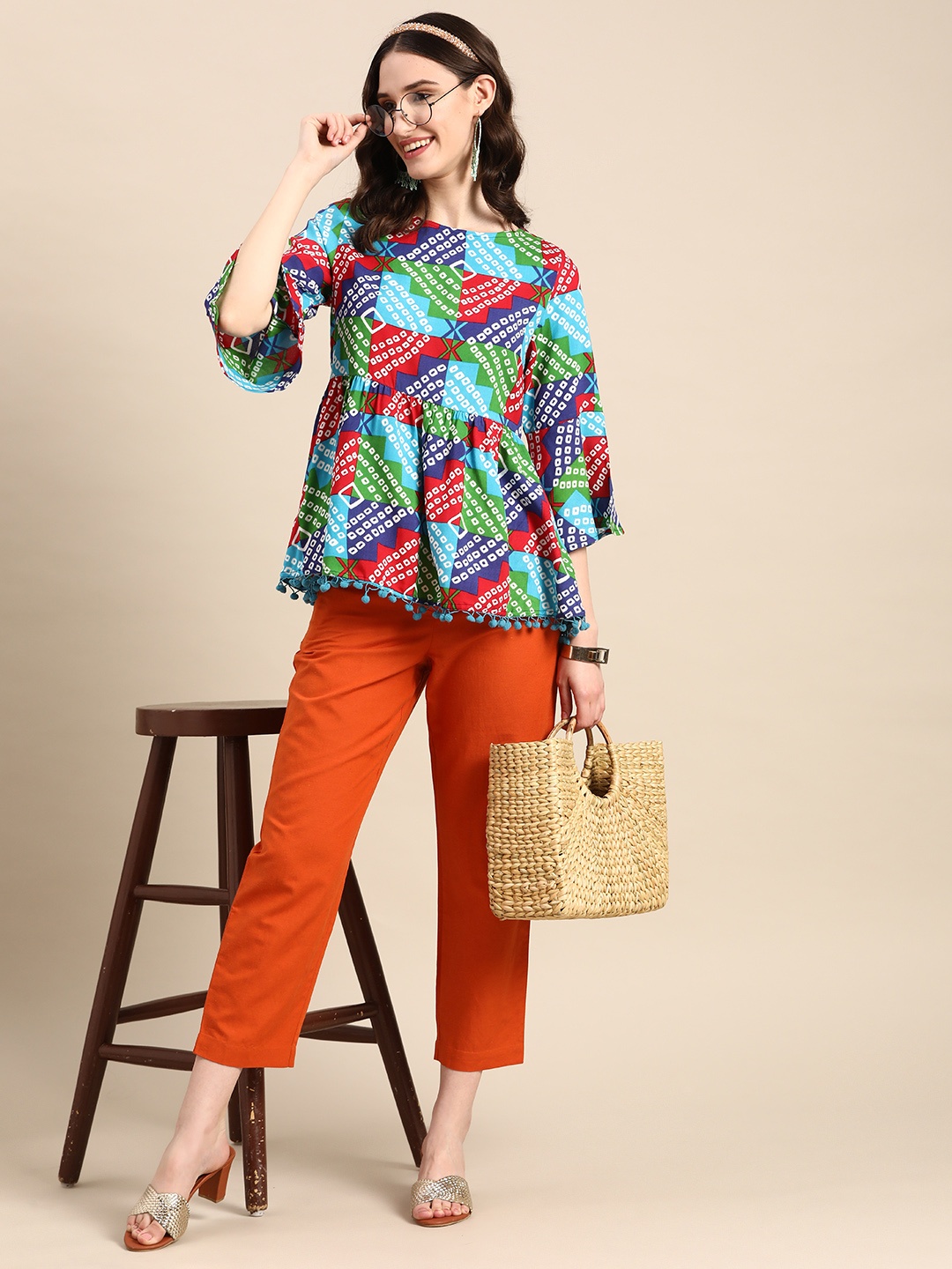 

Sangria Women Bandhini Printed A-Line Tunic with Pom-Pom Trims, Blue