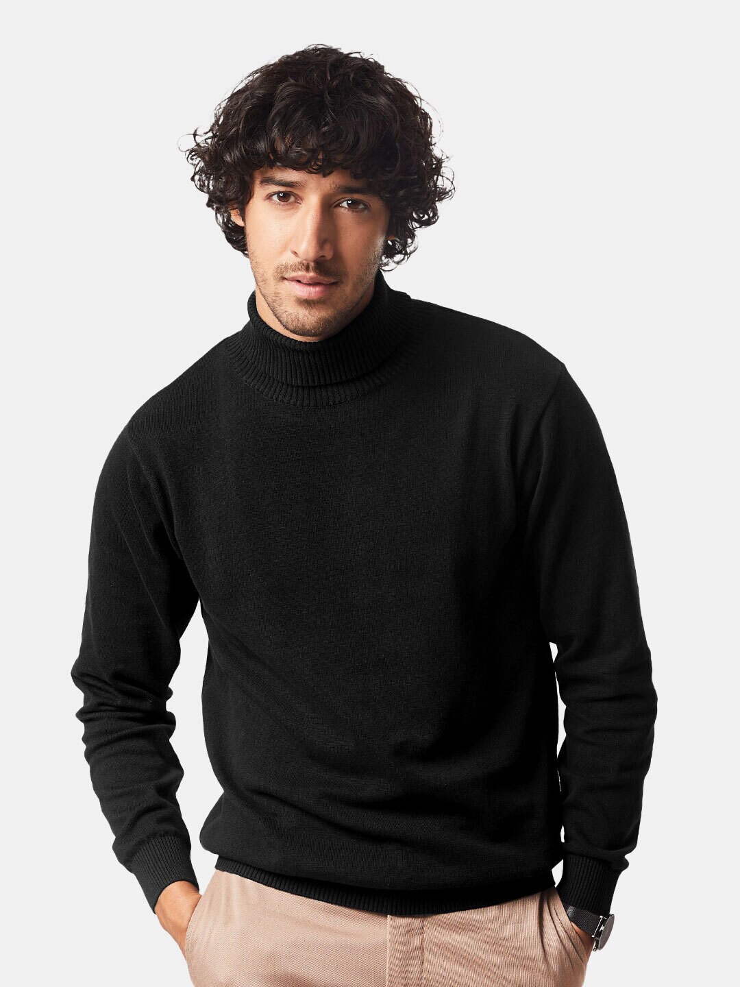 

The Souled Store Men Black Solid Turtle Neck Pure Cotton Pullover