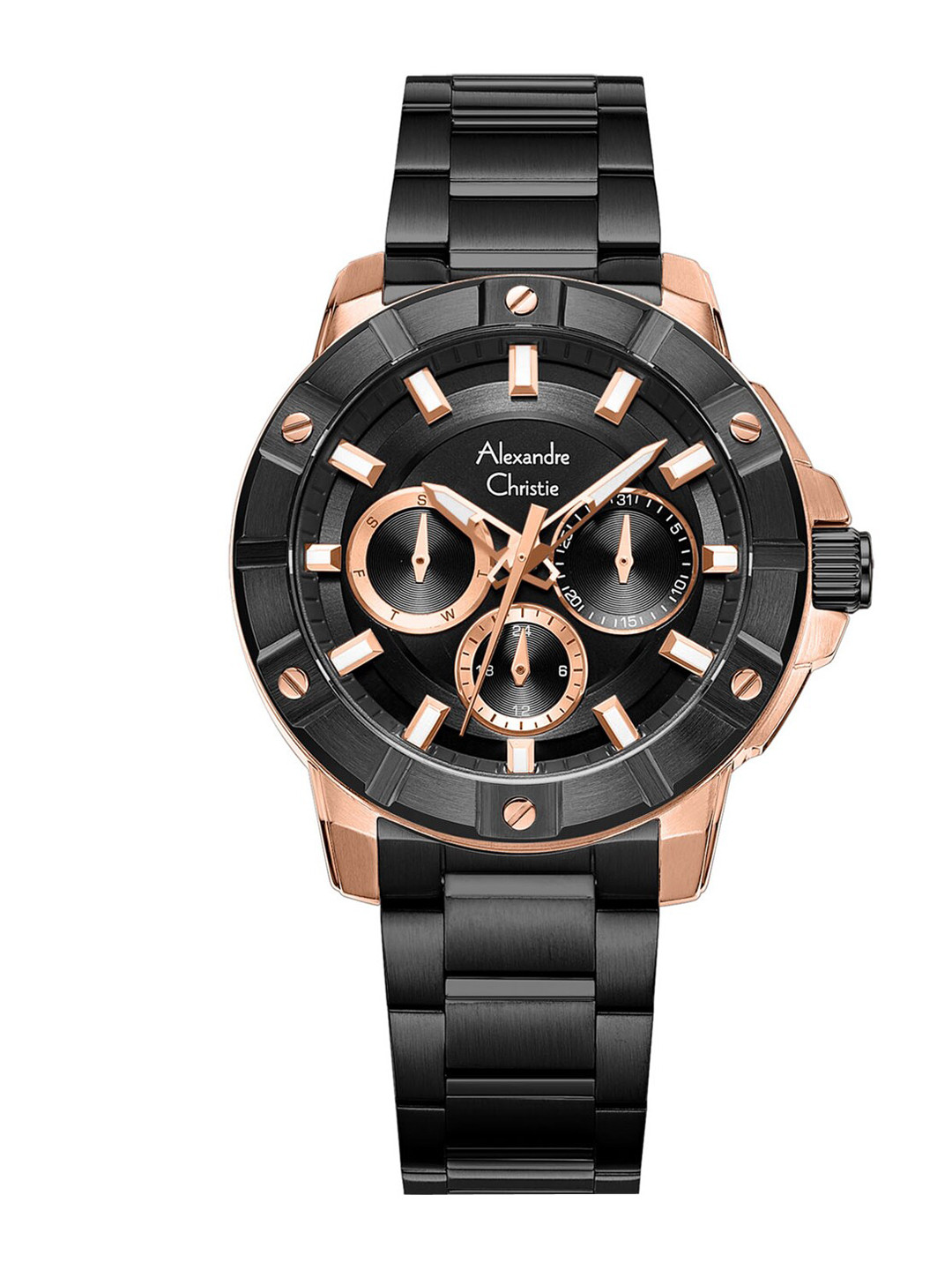 

Alexandre Christie Women Black Dial & Rose Gold Stainless Steel Straps Analogue Watch