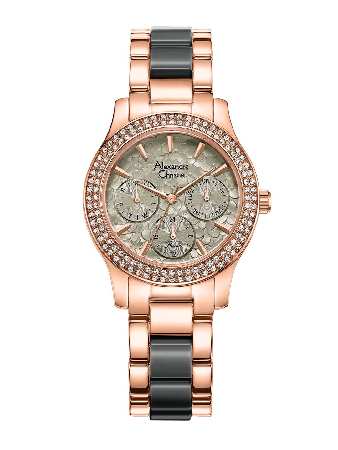 

Alexandre Christie Women Grey Embellished Dial & Rose Gold Toned Stainless Steel Bracelet Style Straps Watch