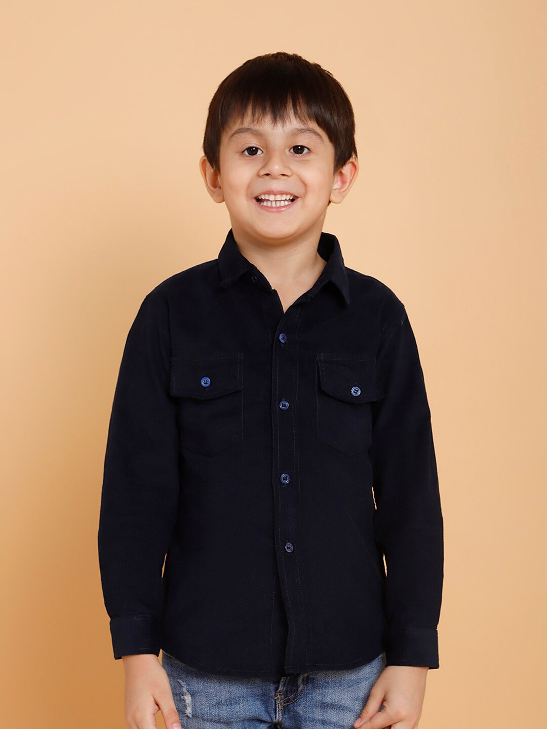 

PICCOLO Boys Navy Blue Solid Cotton Corduroy Casual Shirt