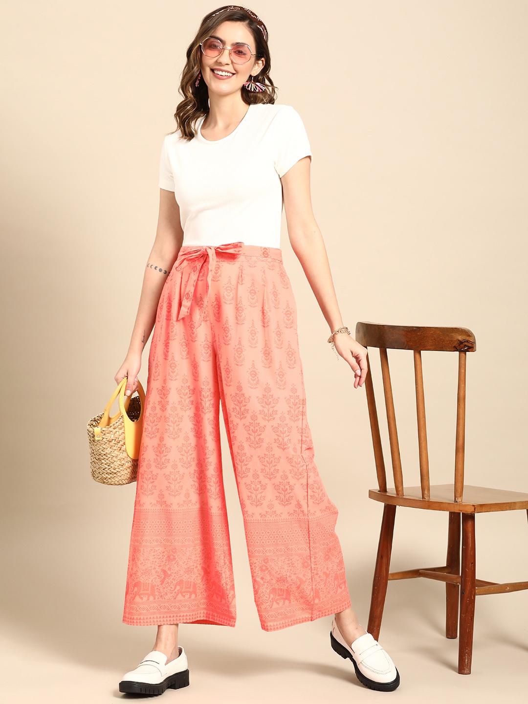 

Sangria Women Ethnic Motifs Printed Pure Cotton Wide Leg Trousers, Peach