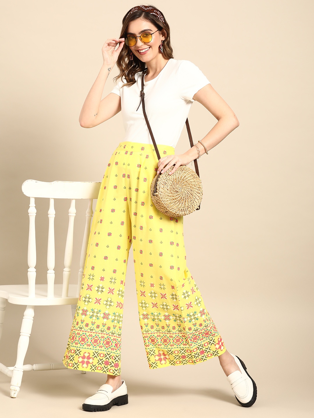

Sangria Women Ethnic Motifs Printed Pure Cotton Wide Leg Trousers, Yellow