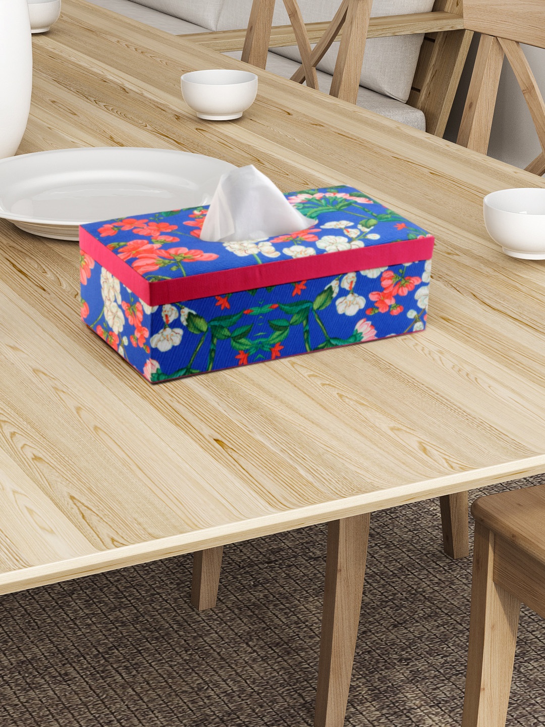 

SEJ by Nisha Gupta Blue Floral Print Wooden Tissue Paper Box