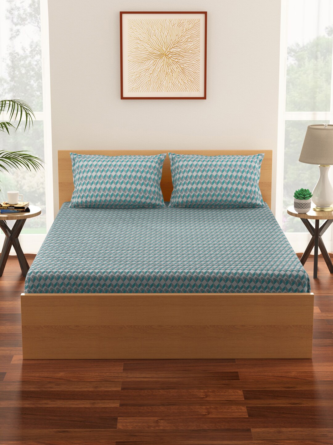 

Living scapes by Pantaloons Green 128TC Geometric Queen Bedsheet with 2 Pillow Covers