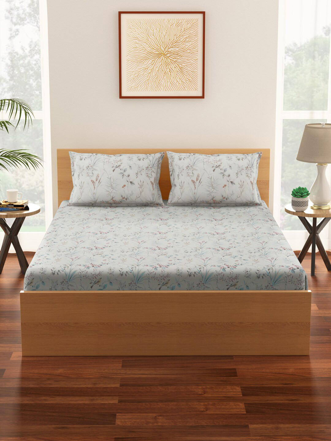 

Living scapes by Pantaloons Off White & Blue Floral 144 TC Queen Bedsheet with 2 Pillow Covers