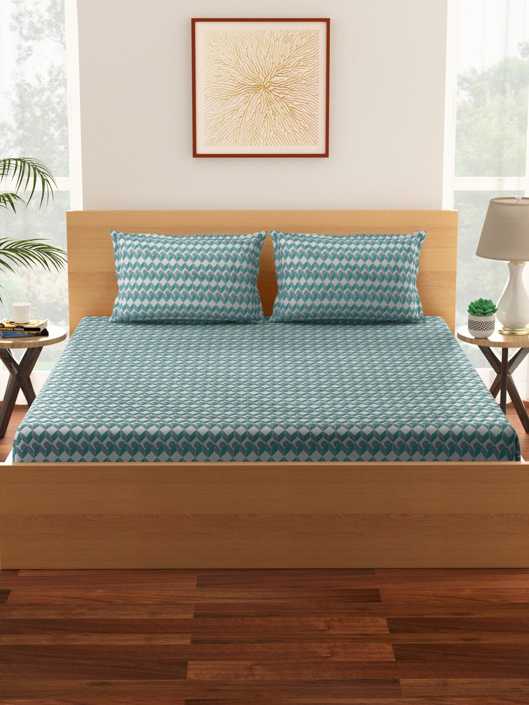 

Living scapes by Pantaloons Green & White Geometric King Bedsheet with 2 Pillow Covers