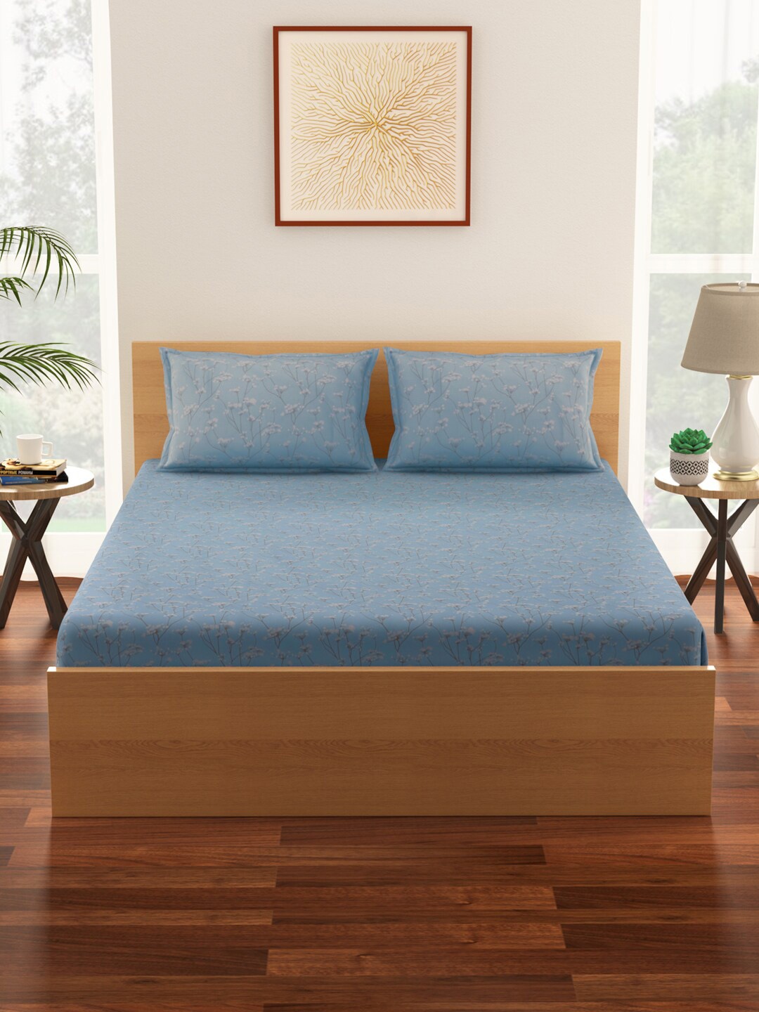 

Living scapes by Pantaloons Blue Printed 128 TC Queen Bedsheet with 2 Pillow Covers