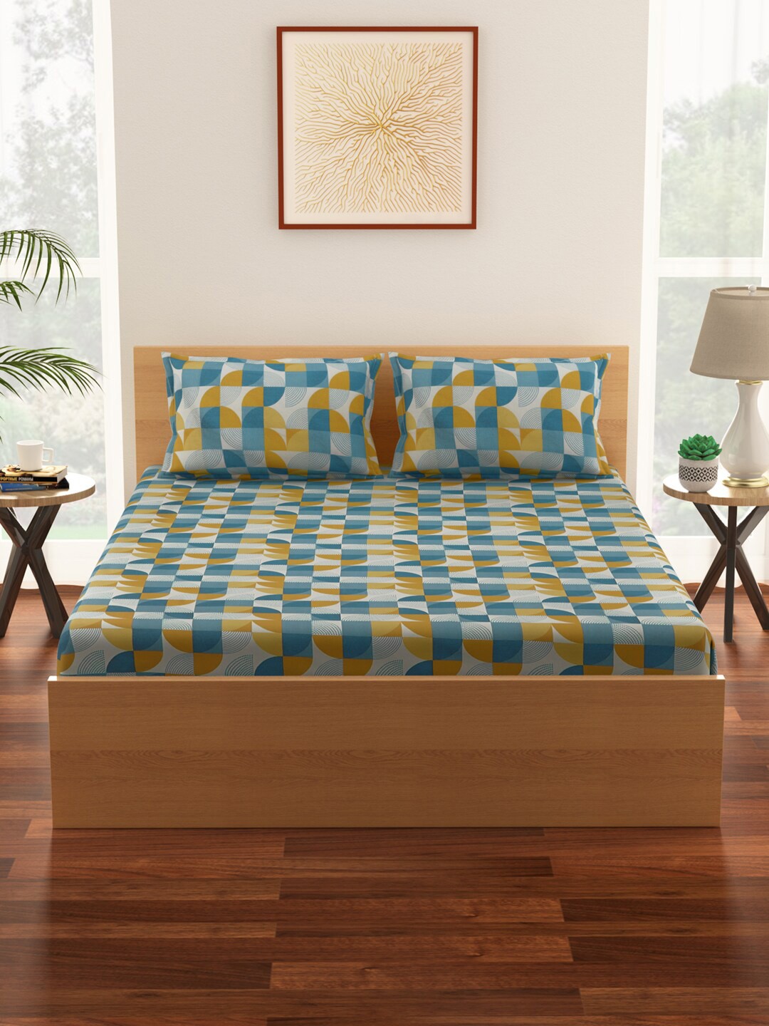 

Living scapes by Pantaloons 128TC Blue & Yellow Geometric Bedsheet with 2 Pillow Covers