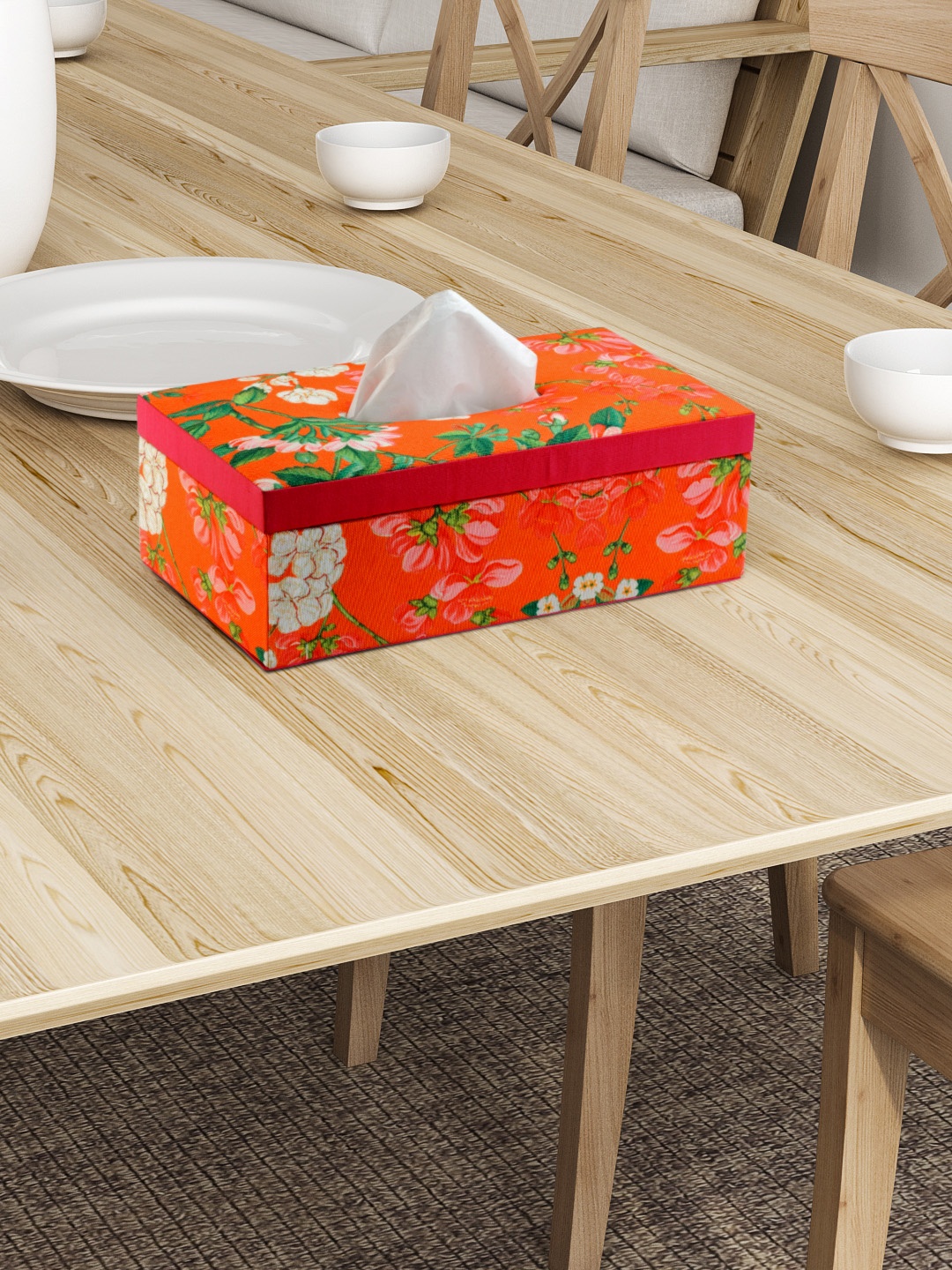 

SEJ by Nisha Gupta Orange Floral Print Wooden Tissue Paper Box