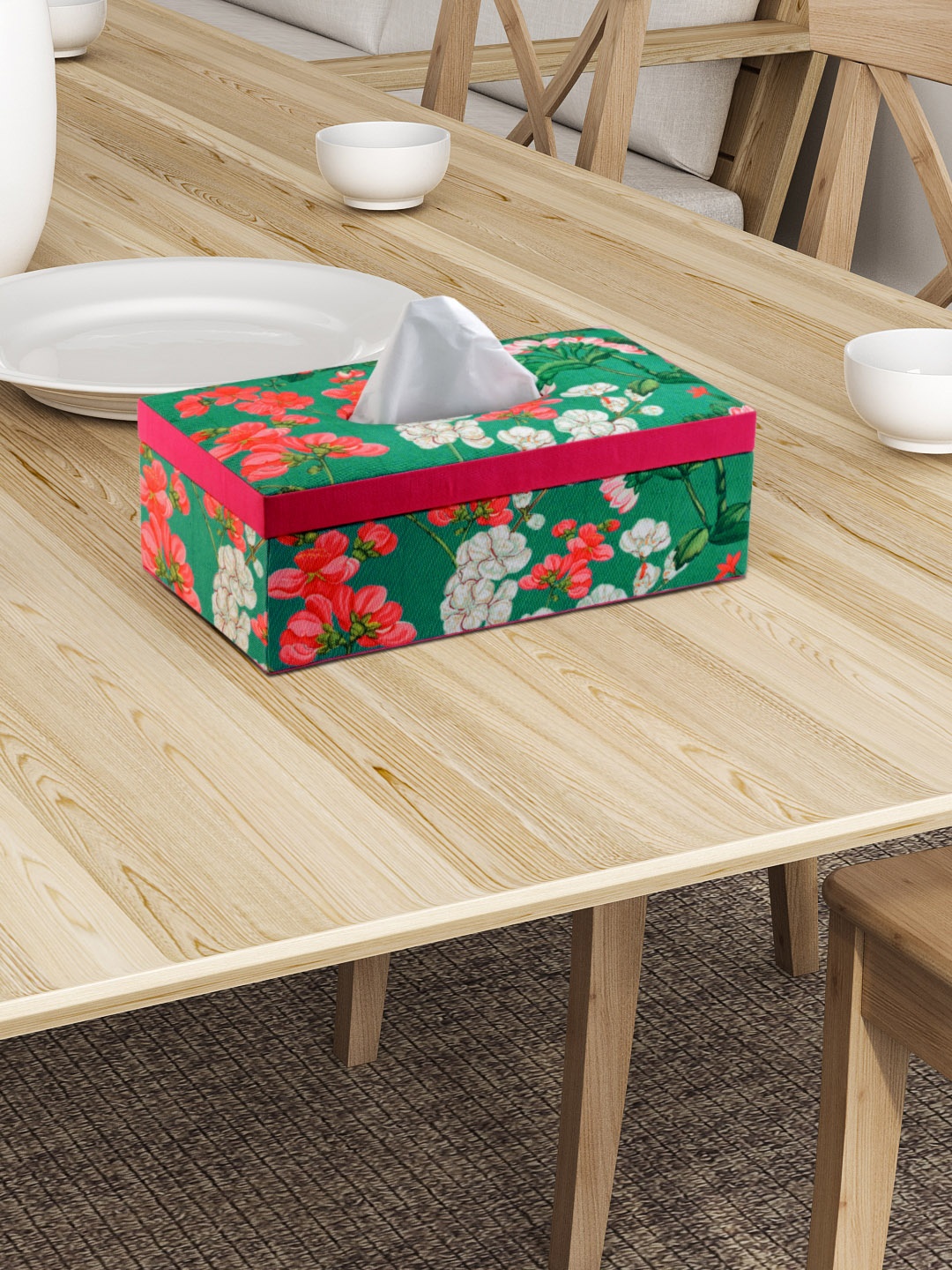 

SEJ by Nisha Gupta Green Printed Wooden Tissue Paper Box