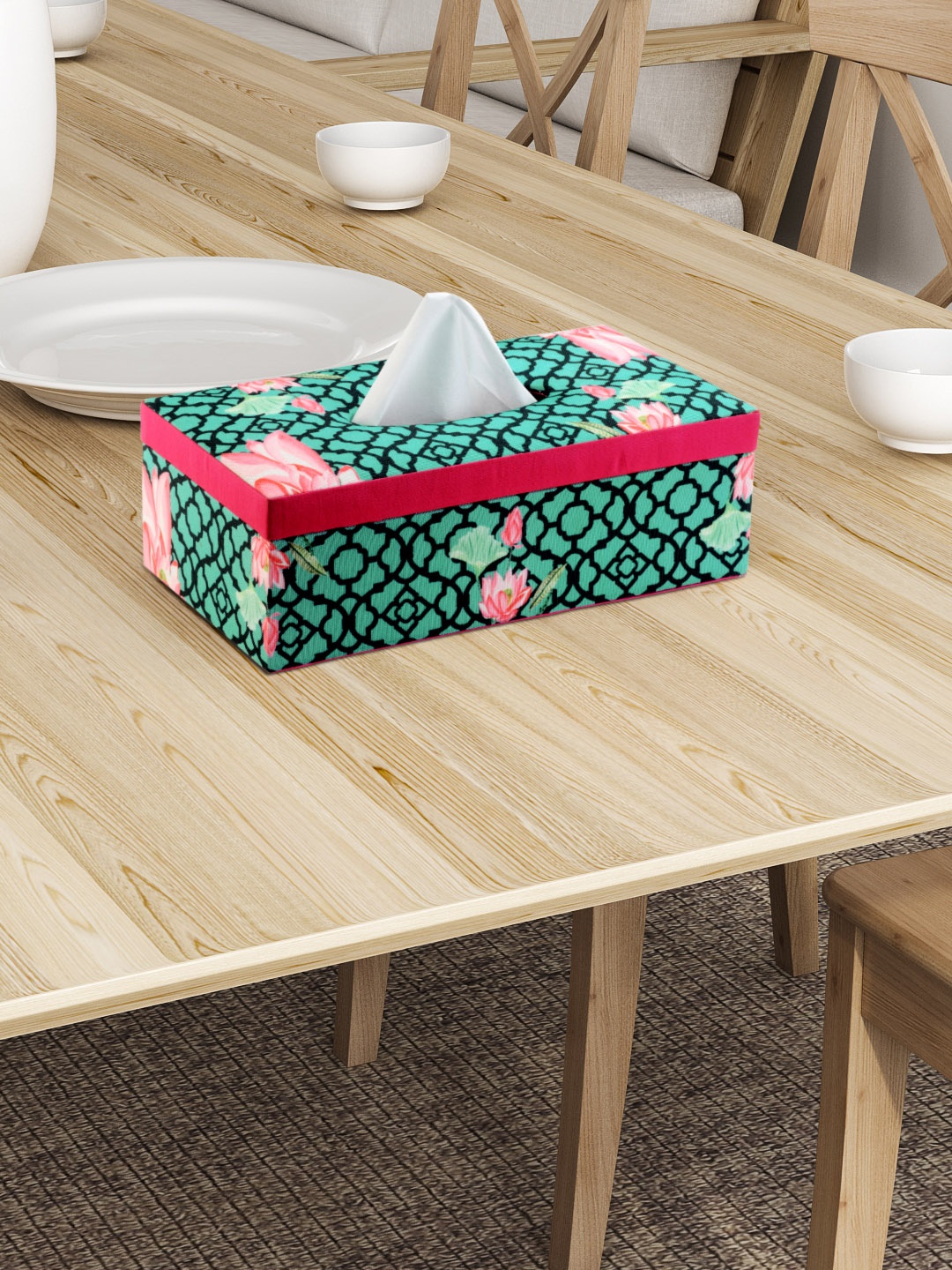 

SEJ by Nisha Gupta Green Printed Wooden Tissue Paper Box