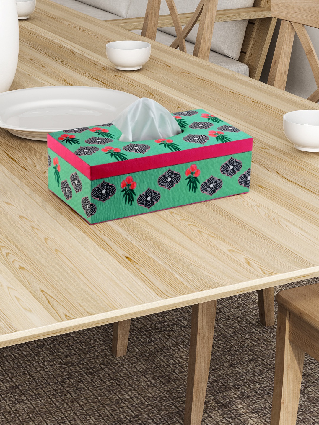 

SEJ by Nisha Gupta Green Printed Wooden Tissue Paper Box