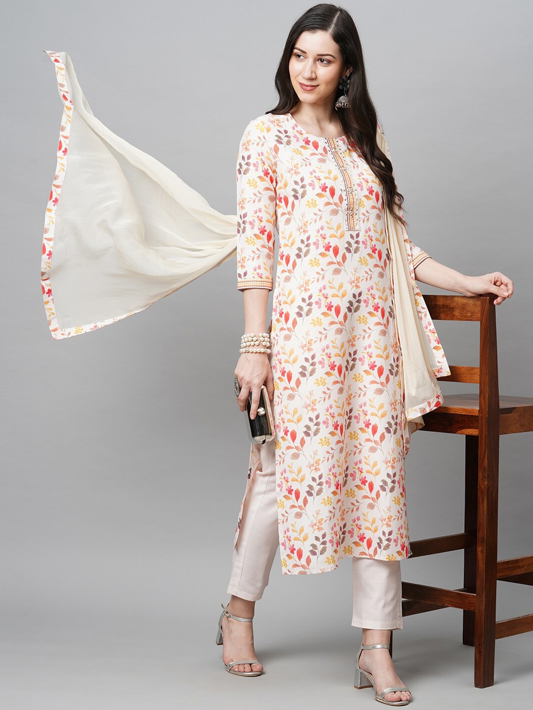 

KALINI Women Beige Kurta with Trousers & Dupatta