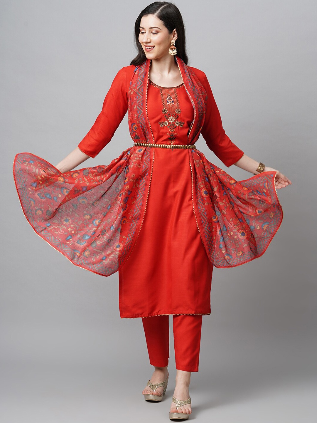 

KALINI Women Red Floral Yoke Design Kurta with Trousers & With Dupatta