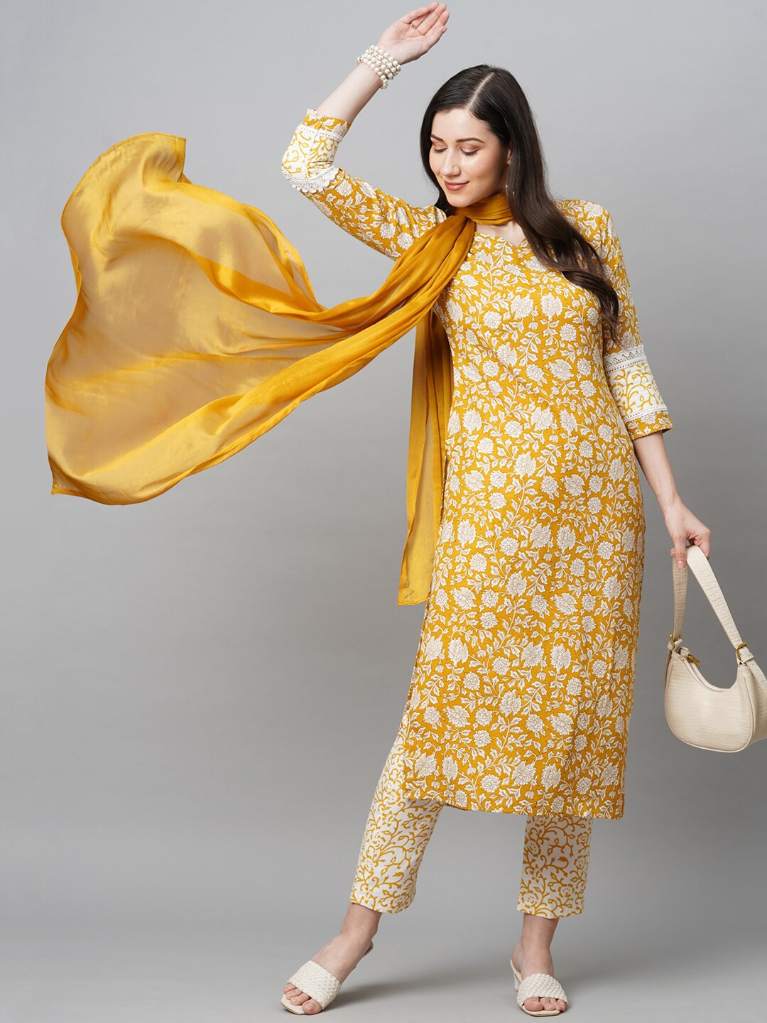 

KALINI Women Yellow Floral Printed Kurta with Trousers & With Dupatta