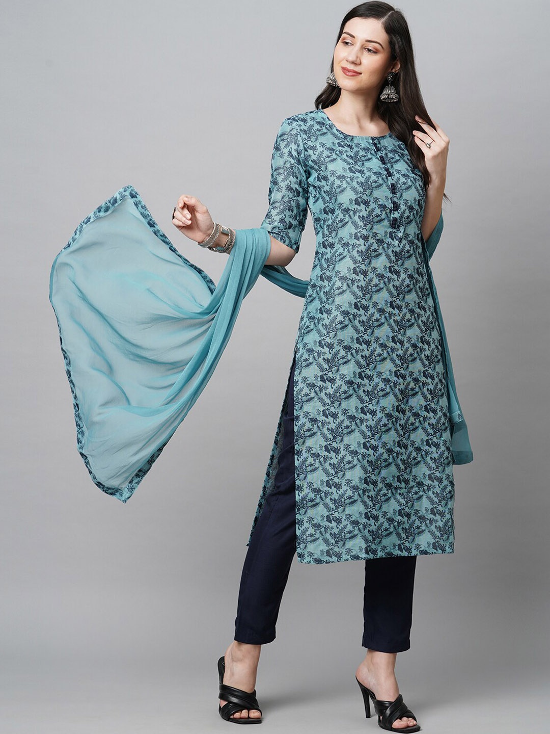 

KALINI Women Blue & Navy Blue Floral Woven Kurta with Trousers & Dupatta Set